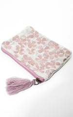 Beauty Bag silbergrau-rosa mit Blumen | 15 x 11 cm